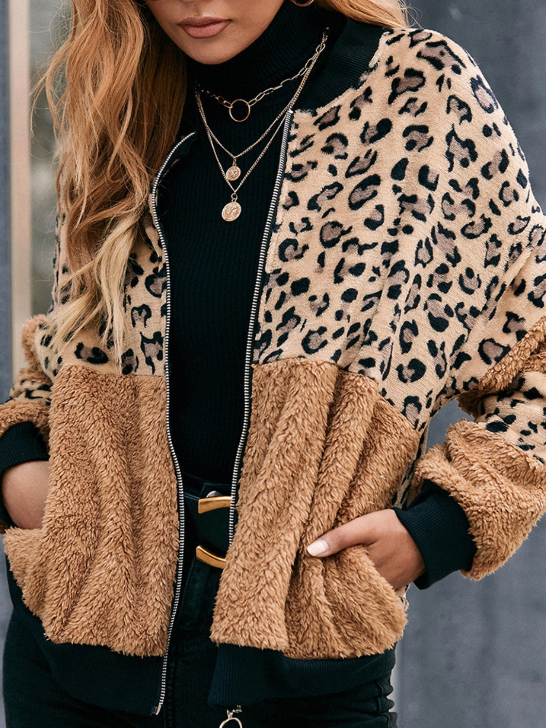 Ivy Lane Leopard Zip Up Plush Jacket