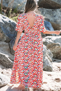 Floral Half Sleeve Deep V Neck Cutout Back Maxi Dress