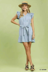 Umgee Chambray Ruffled Denim Dress with Side Pockets 100100668241368 62 Affordable Fashion Under $100 Jerry's Apparel 