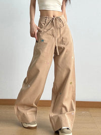 Bow Embroidered Wide Leg Drawstring Casual Pants
