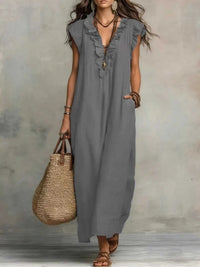 Full Size Ruffled V-Neck Cap Sleeve Maxi Dress Plus Size 100100345570931 29 Affordable Fashion Under $100 Jerry's Apparel 