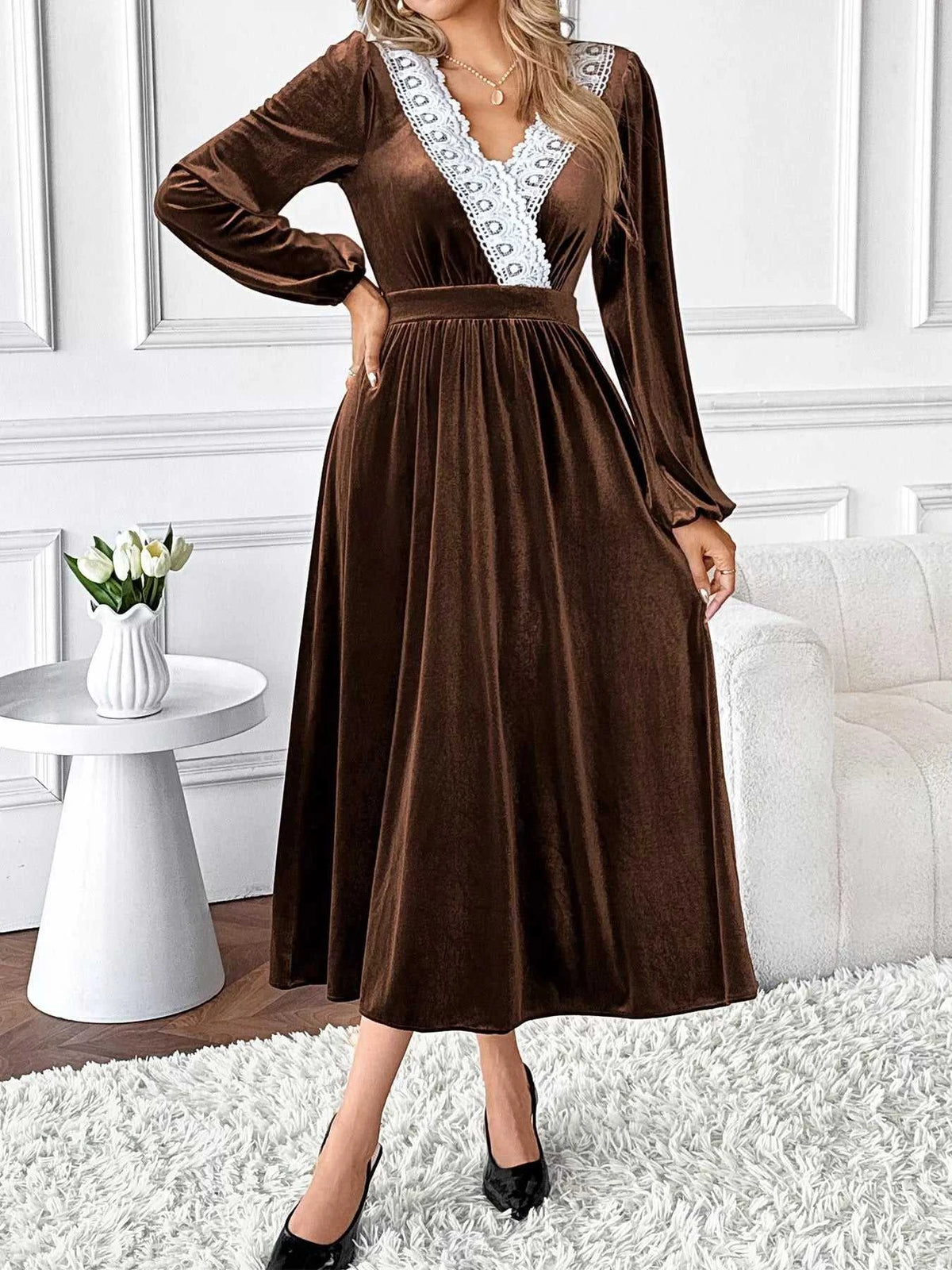 Velvet A-Line Dress with Lace Trim 100100822255548 50 Affordable Fashion Under $100 Jerry's Apparel 