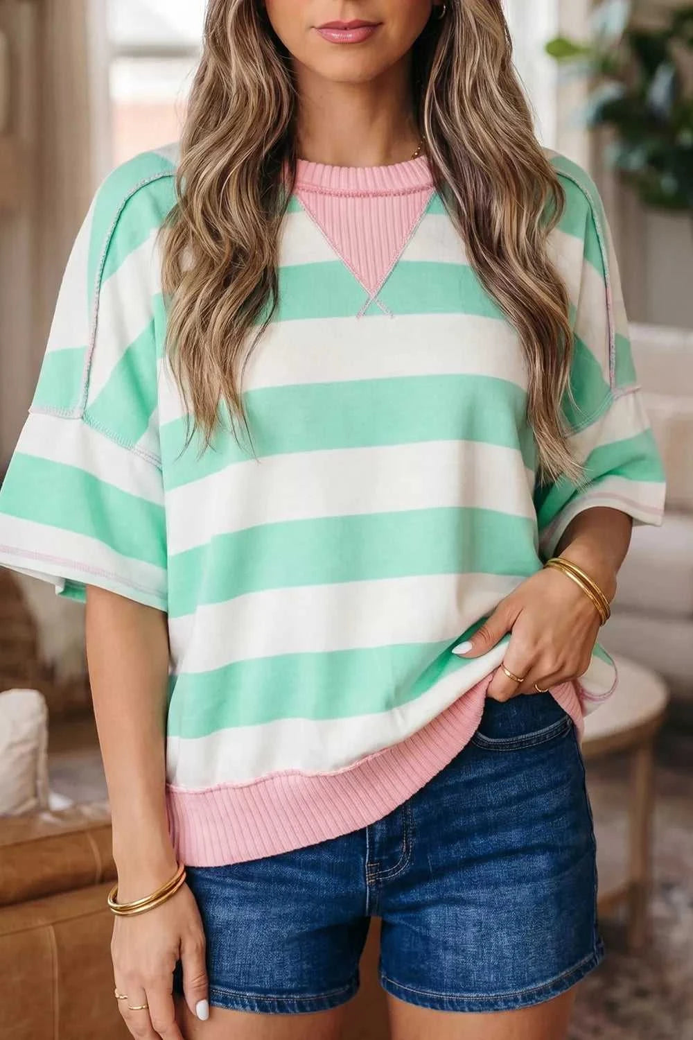Stripe Exposed Seam Ribbed Patchwork Oversized Tee 100100861137572 24 Affordable Fashion Under $100 Jerry's Apparel 