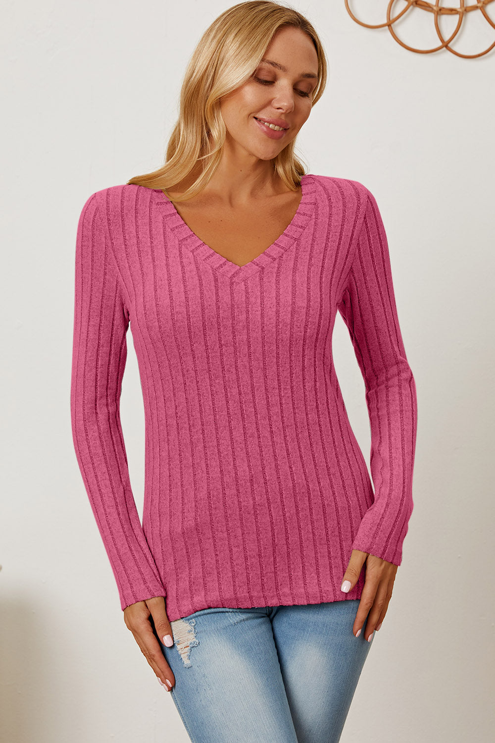 Full Size Ribbed V-Neck Long Sleeve T-Shirt