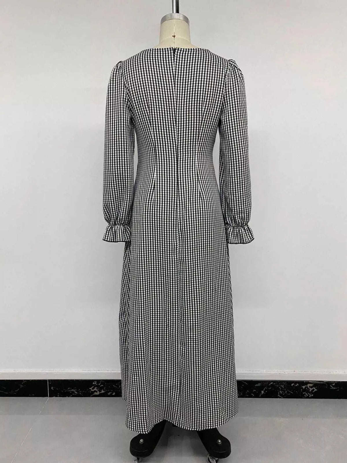 Gingham Lace-Trim V-Neck Long Sleeve A-Line Maxi Dress 101001996406806 52 Affordable Fashion Under $100 Jerry's Apparel 