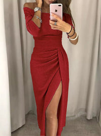 Full Size Off-Shoulder Ruched Slit Midi Dress Plus Size 101001099770594 23 Affordable Fashion Under $100 Jerry's Apparel 