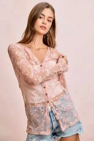 BiBi Bow Pattern Shrried V-neck Mesh Cardigan Top 100100638301325 44 Affordable Fashion Under $100 Jerry's Apparel 