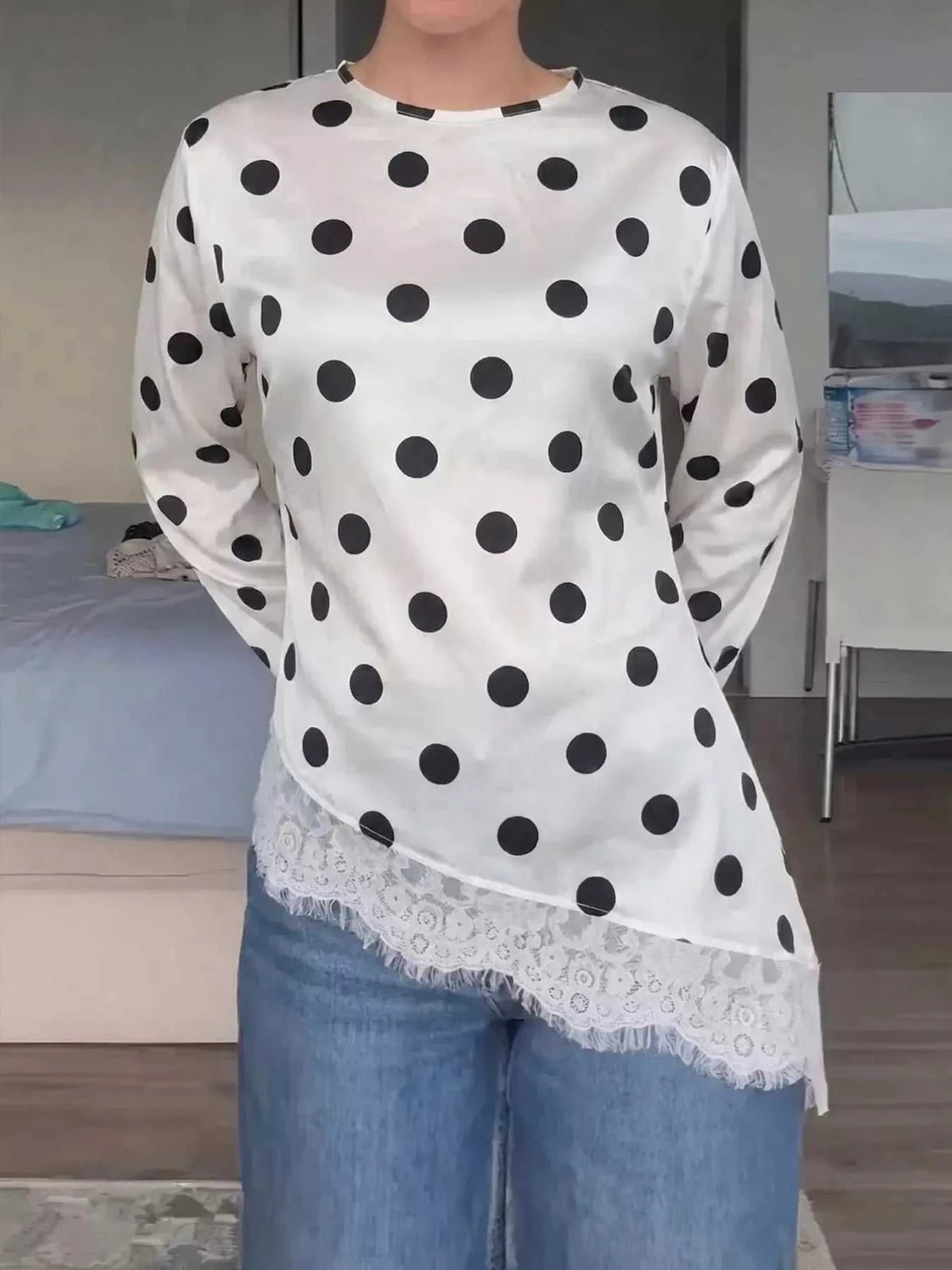 Polka Dot Satin Top with Lace Trim 100100709329500 60 Affordable Fashion Under $100 Jerry's Apparel 