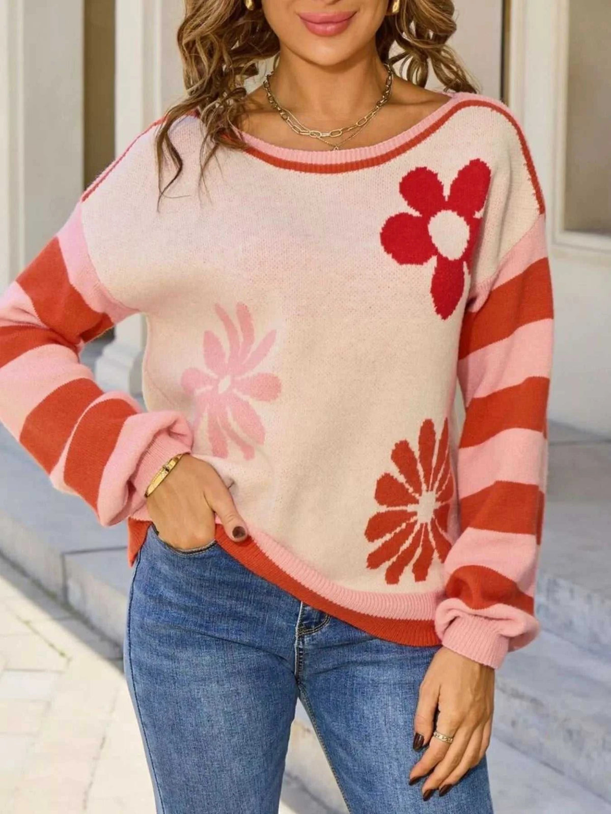 Floral Striped Sleeve Round Neck Sweater 100100273694398 49 Affordable Fashion Under $100 Jerry's Apparel 