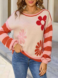 Floral Striped Sleeve Round Neck Sweater 100100273694398 49 Affordable Fashion Under $100 Jerry's Apparel 