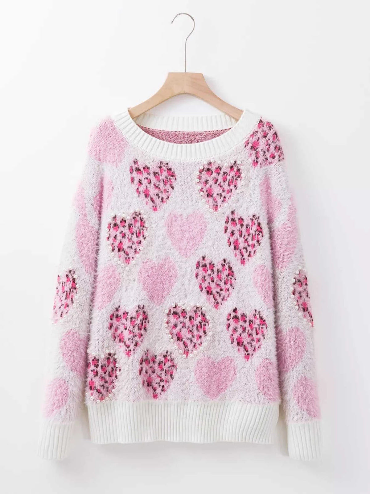 Heart Leopard Pearled Ribbed Trim Fuzzy Sweater 100100337623504 69 Affordable Fashion Under $100 Jerry's Apparel 