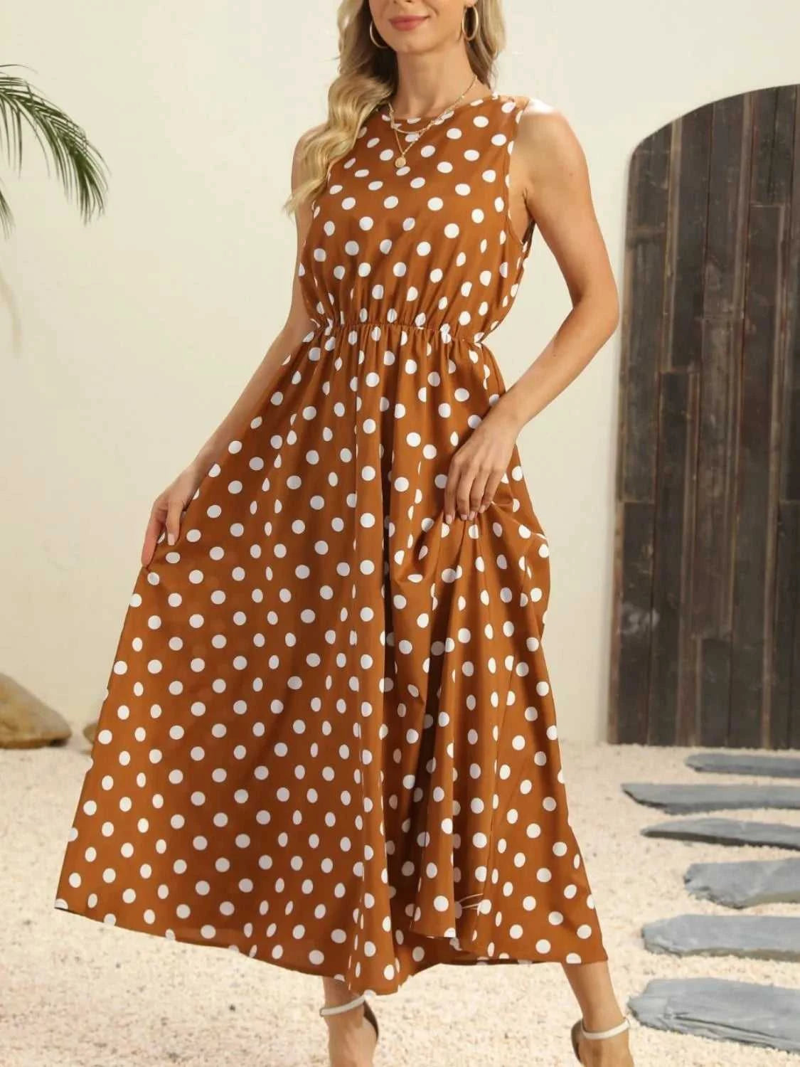 Polka Dot Round Neck Sleeveless Midi Dress 100100597597604 26 Affordable Fashion Under $100 Jerry's Apparel 