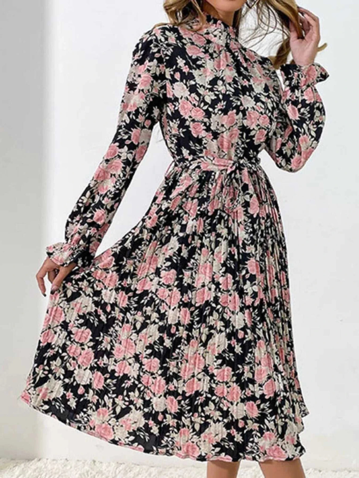Floral Print Long Sleeve Pleated Midi Dress 100100269493915 46 Women's Midi Dress Affordable Boutique Dresses Under $50 Jerry's Apparel 