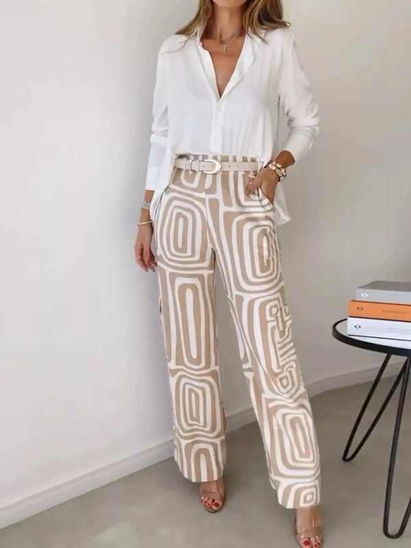 Full Size Chic Button-Down Shirt and Geometric Wide-Leg Pants Set Plus Size 101001328300968 50 Affordable Fashion Under $100 Jerry's Apparel 