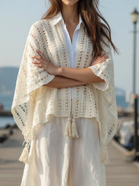 Openwork Tassel Open Front Knit Cover Up