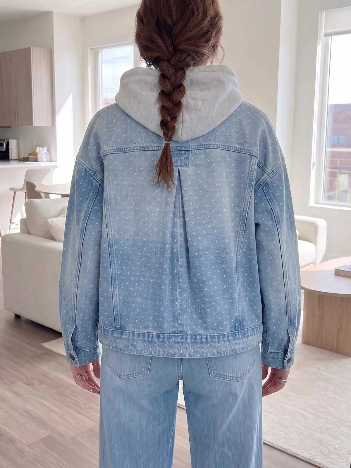 Polka Dot Long Sleeve Collar Pocket Casual Shift Silhouette Denim Jacket 101003100780054 103 Casual Everyday Outfits Women Jerry's Apparel 