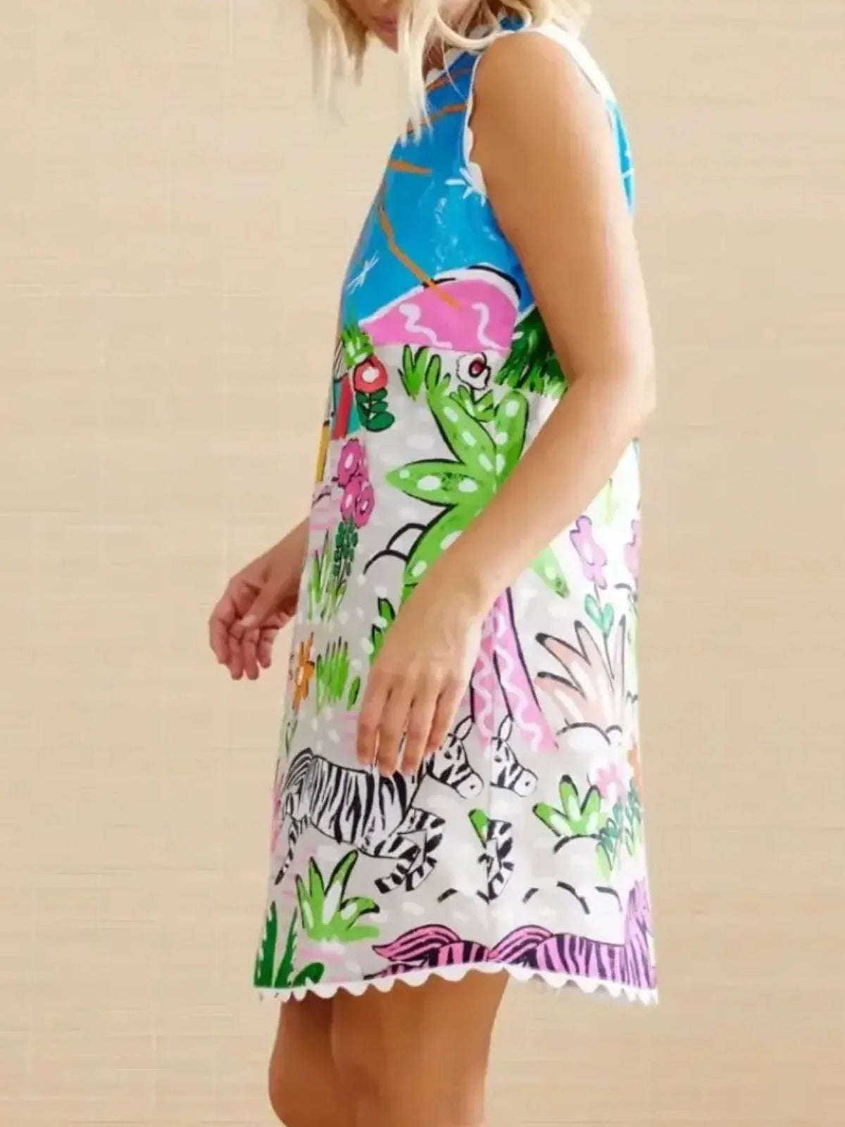 Printed Round Neck Sleeveless Mini Dress