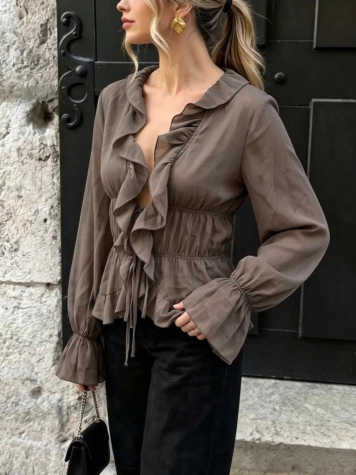 Ruffled V-Neck Long Sleeve Blouse 100100364156339 41 Affordable Fashion Under $100 Jerry's Apparel 