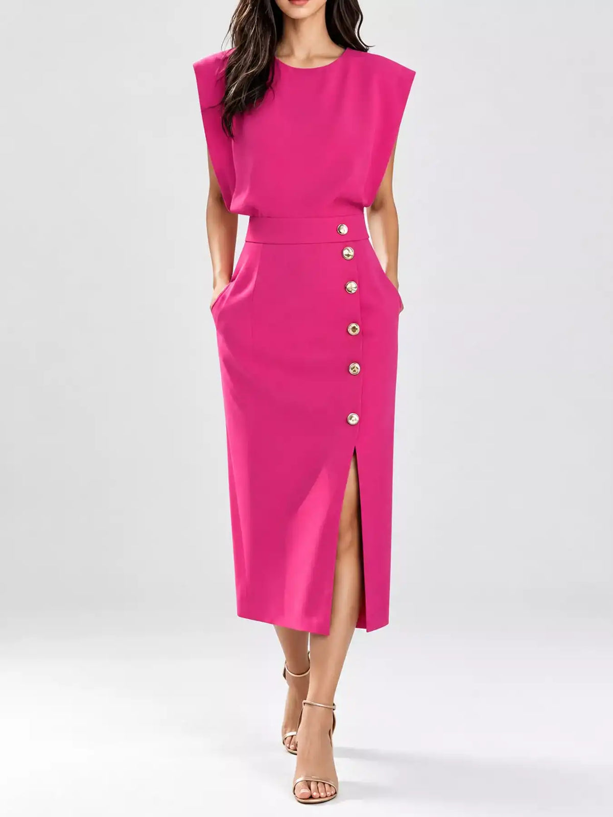 Sleeveless Midi Dress with Gold Button Detail and Side Slit 101001590890082 42 Affordable Fashion Under $100 Jerry's Apparel 