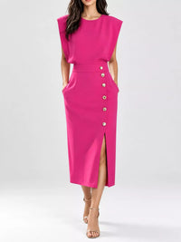 Sleeveless Midi Dress with Gold Button Detail and Side Slit 101001590890082 42 Affordable Fashion Under $100 Jerry's Apparel 