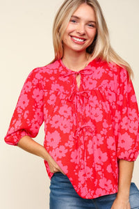 Haptics Full Size Ribbon Bow Floral Balloon Sleeve Blouse