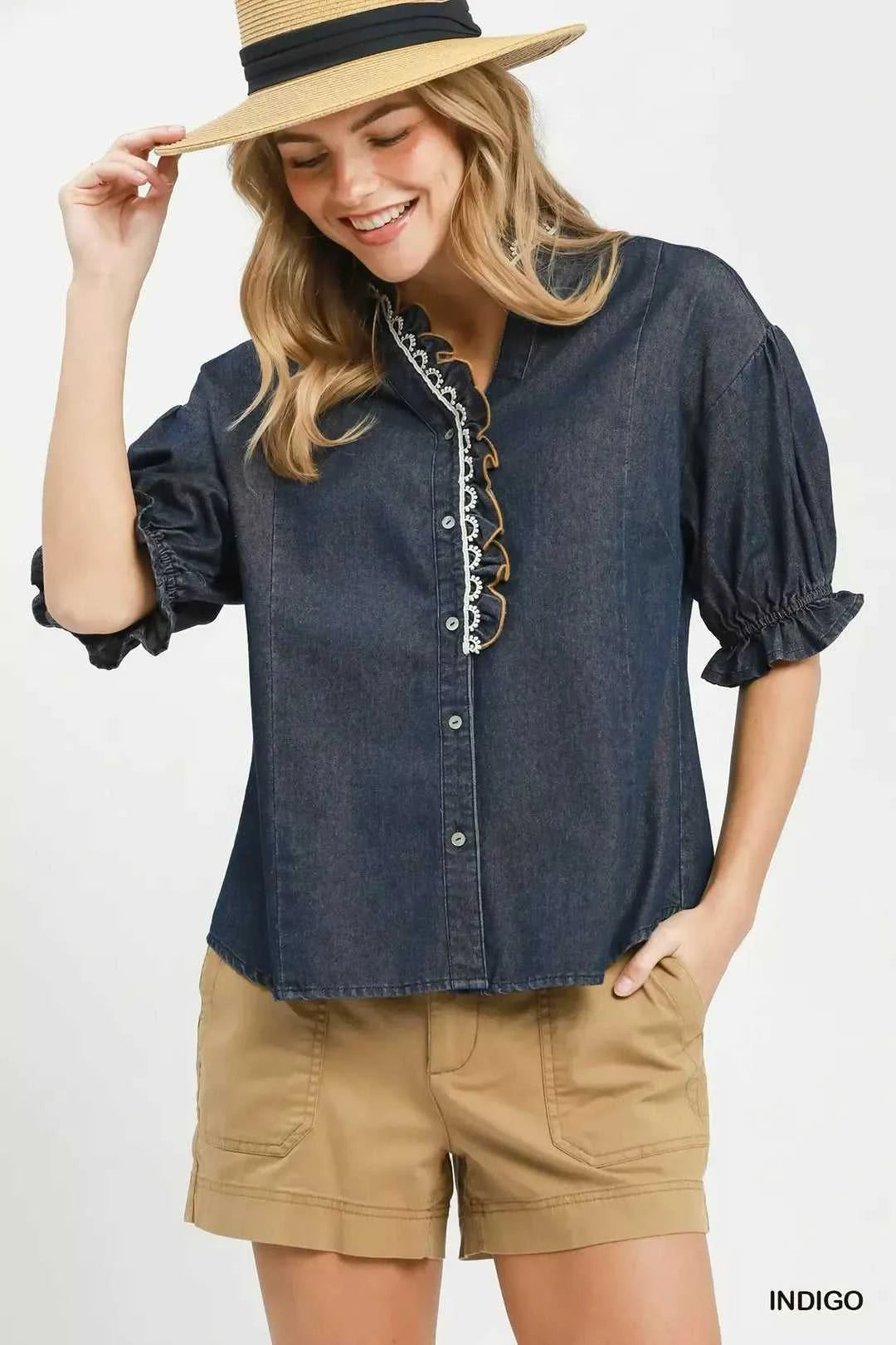 Umgee Chambray Scalloped Trim Button Front Blouse 100100735061175 57 Affordable Fashion Under $100 Jerry's Apparel 