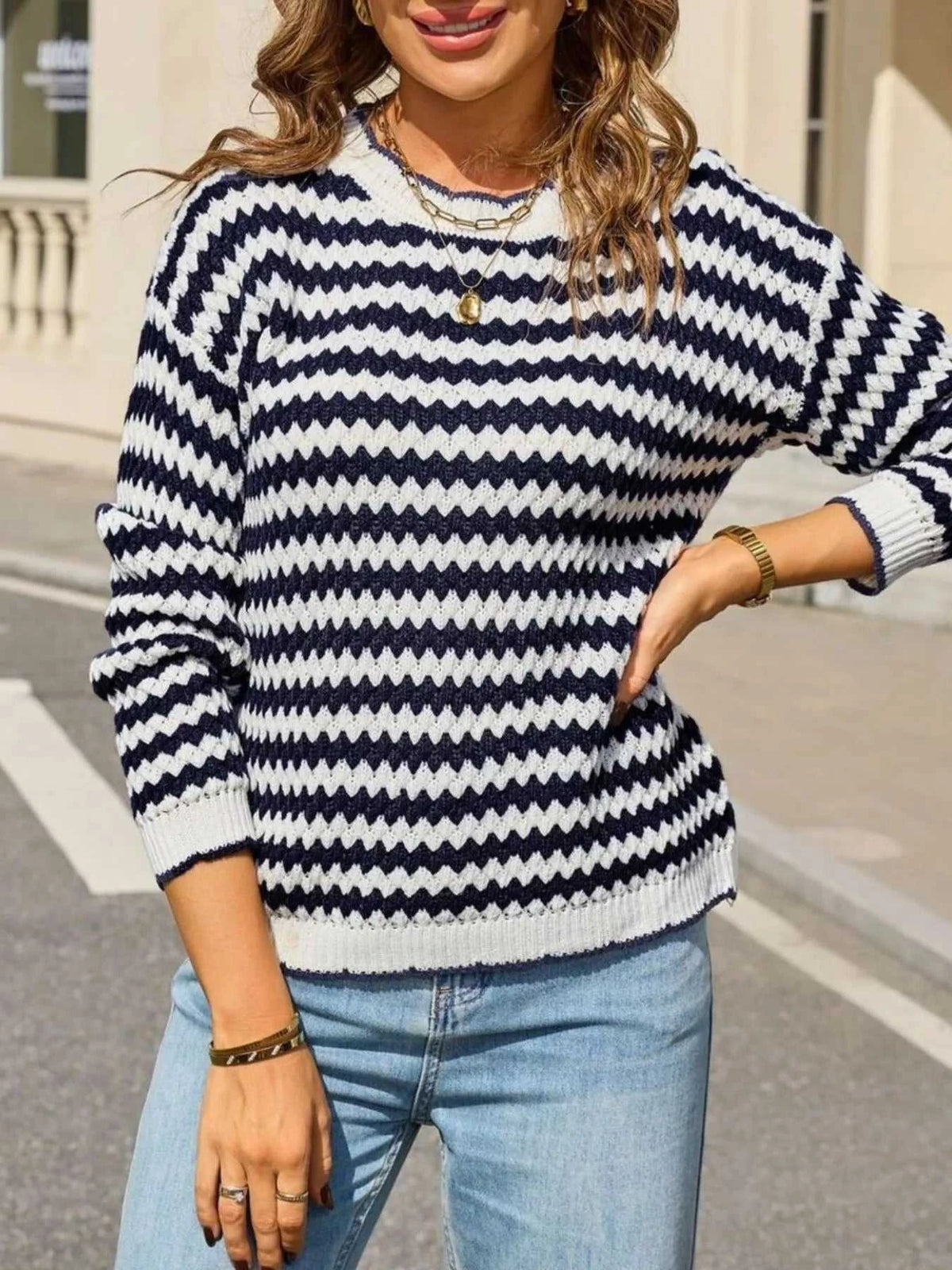 Striped Zigzag Knit Round Neck Sweater 100100461154218 44 Affordable Fashion Under $100 Jerry's Apparel 