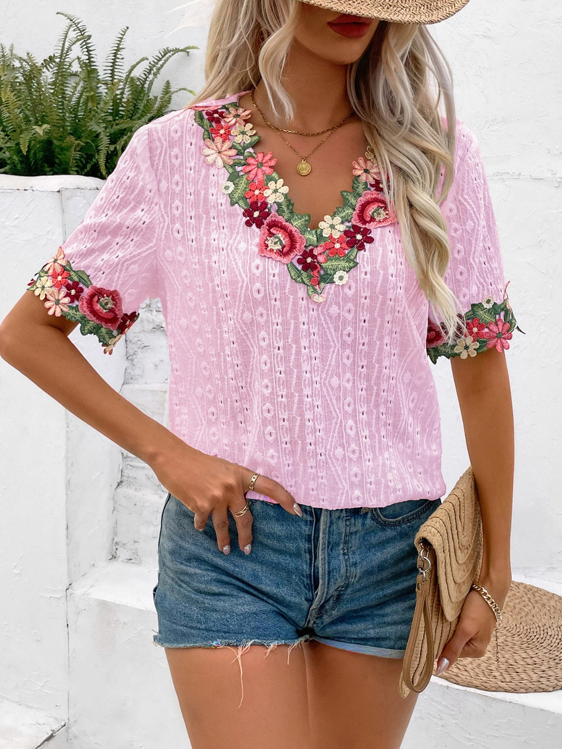 Eyelet Embroidered V-Neck Short Sleeve Blouse