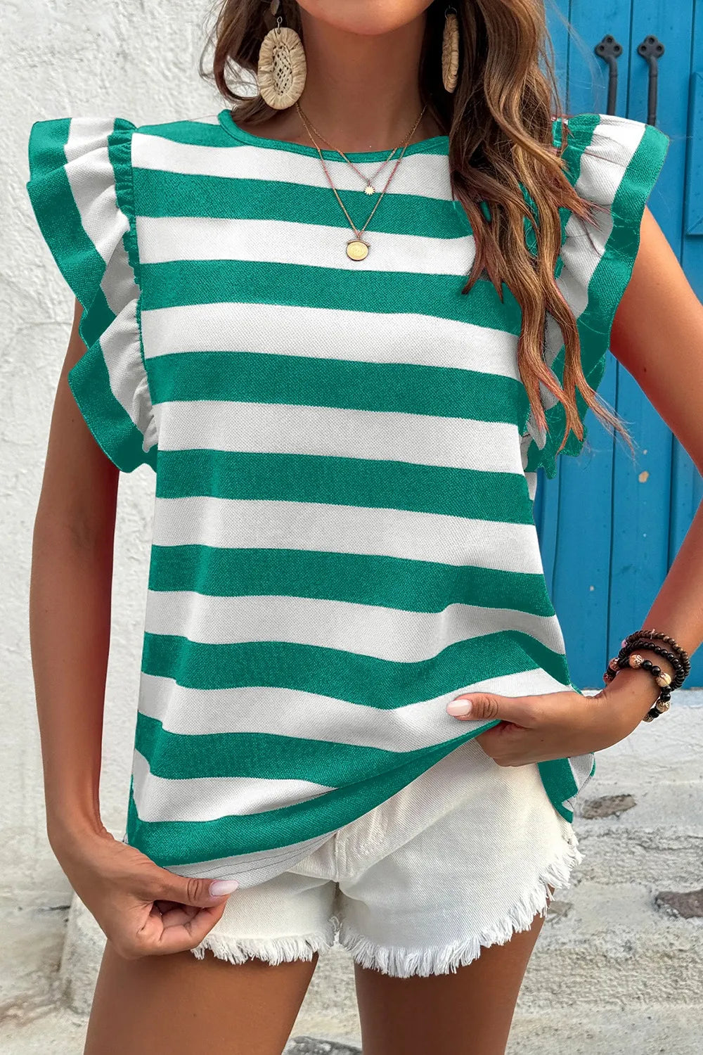 Ruffle Sleeve Striped T-Shirt