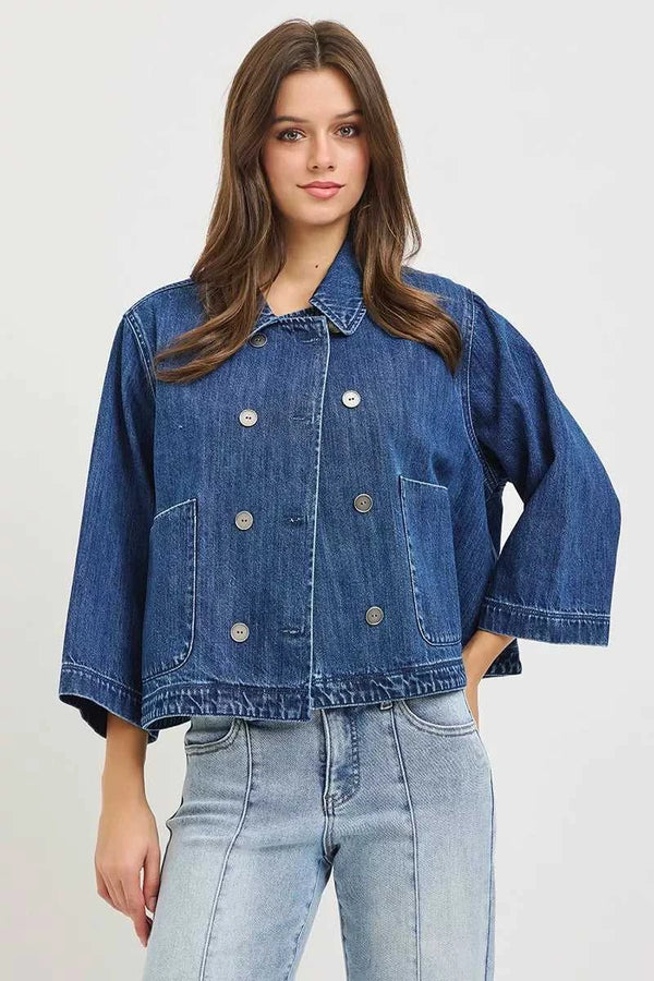 RISEN Double-Breasted Flowy Cropped Denim Jacket 100100941271782 66 Affordable Fashion Under $100 Jerry's Apparel 