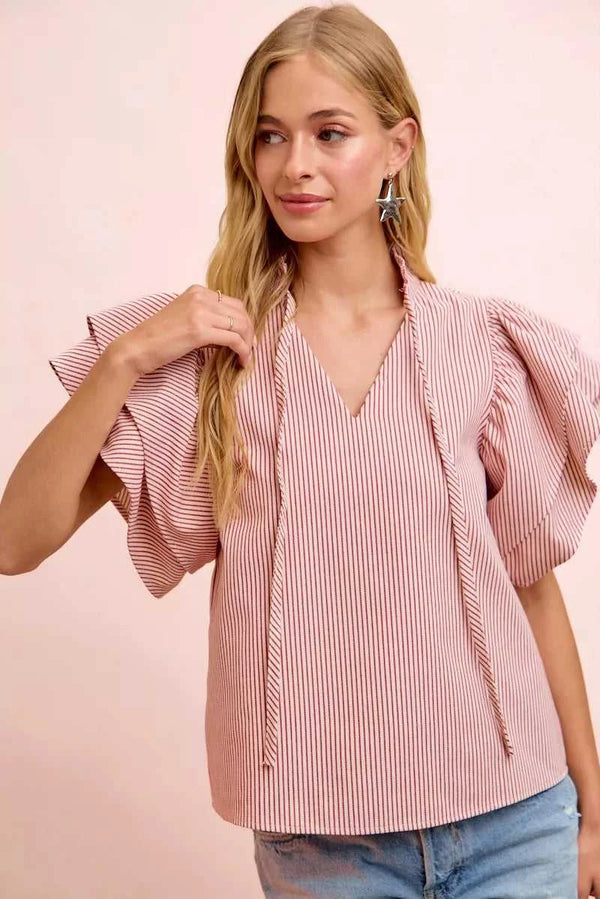 BiBi Twill Striped Ruffle Sleeve Blouse 100100858691223 51 Affordable Fashion Under $100 Jerry's Apparel 