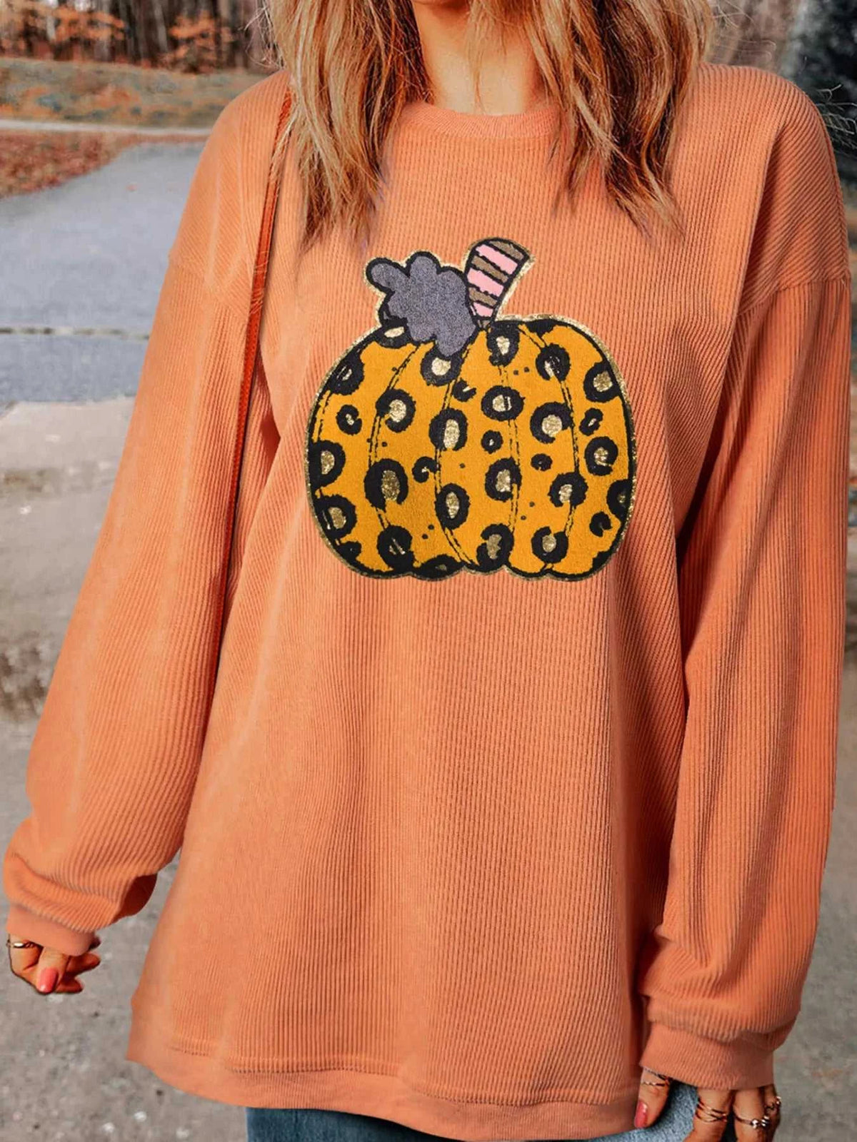 Halloween Leopard Pumpkin Patchwork Ribbed Sweatshirt 101001373546441 40 Affordable Fashion Under $100 Jerry's Apparel 