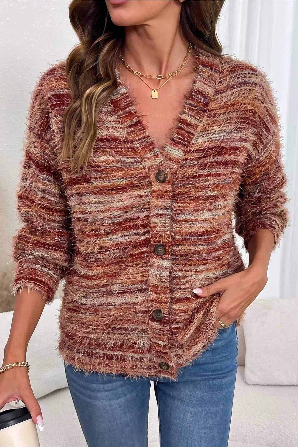 Fuzzy Striped Button Front Cardigan Sweater 100100382031613 39 Affordable Fashion Under $100 Jerry's Apparel 