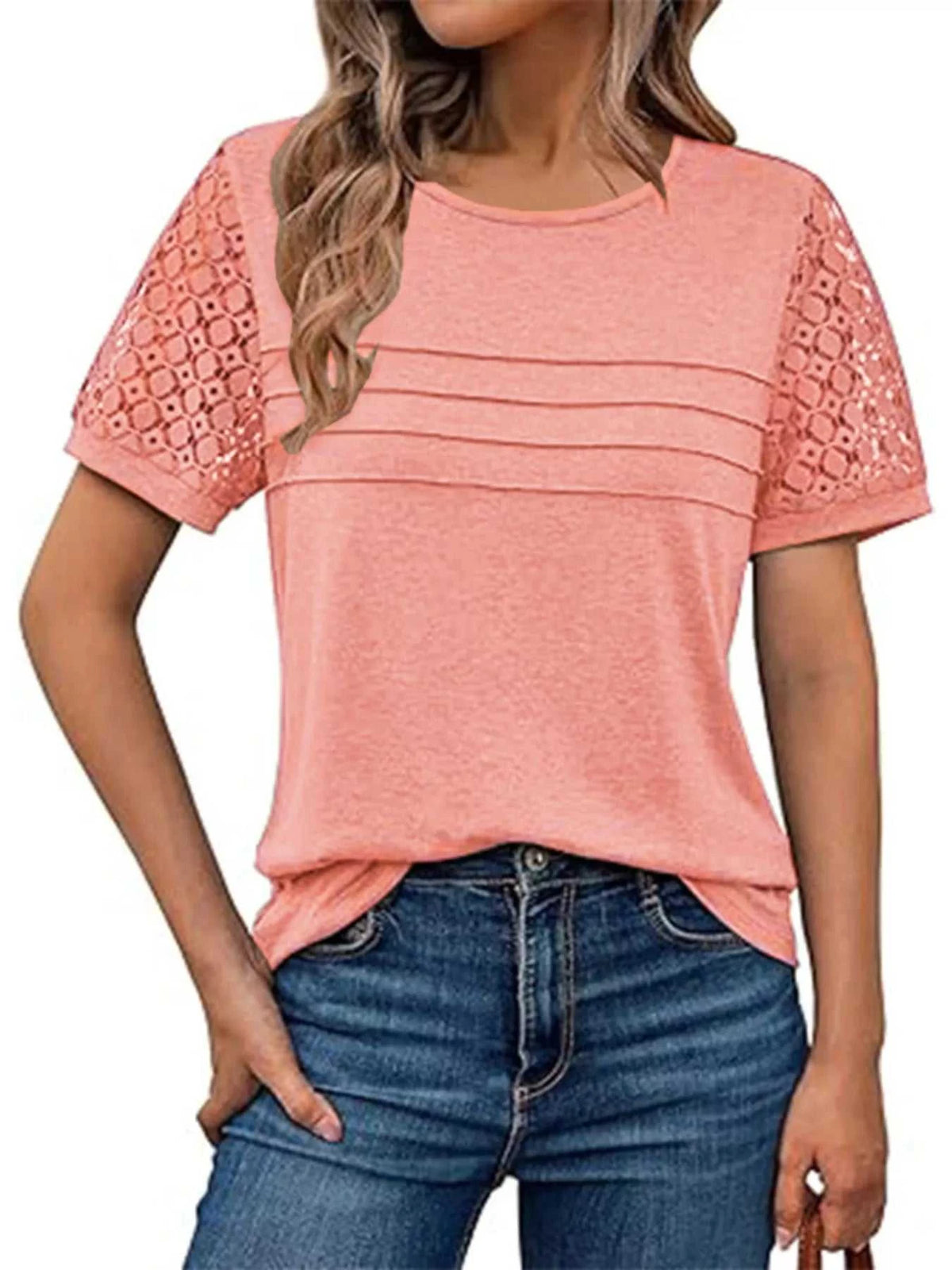 Lace Short Sleeve Round Neck T-Shirt 101001963259093 27 Affordable Fashion Under $100 Jerry's Apparel 