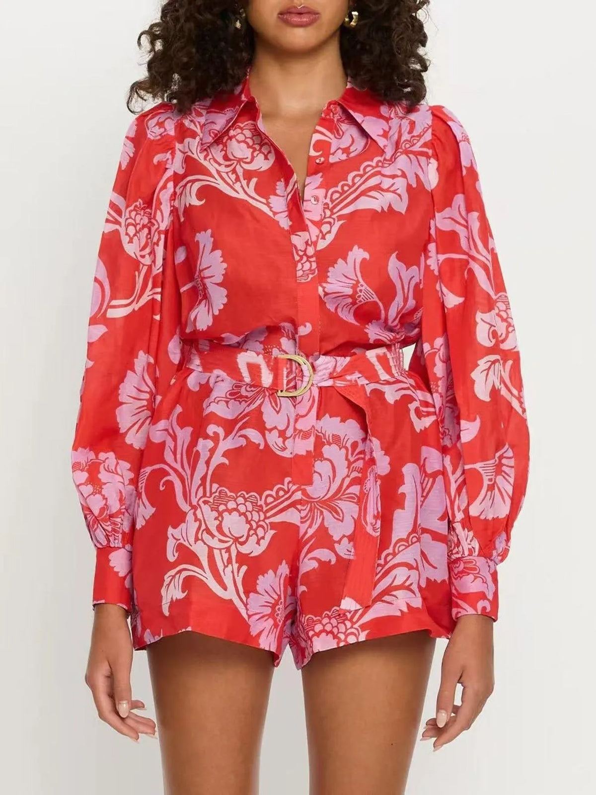 Printed Long Sleeve Belted Romper