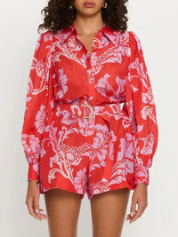 Printed Long Sleeve Belted Romper