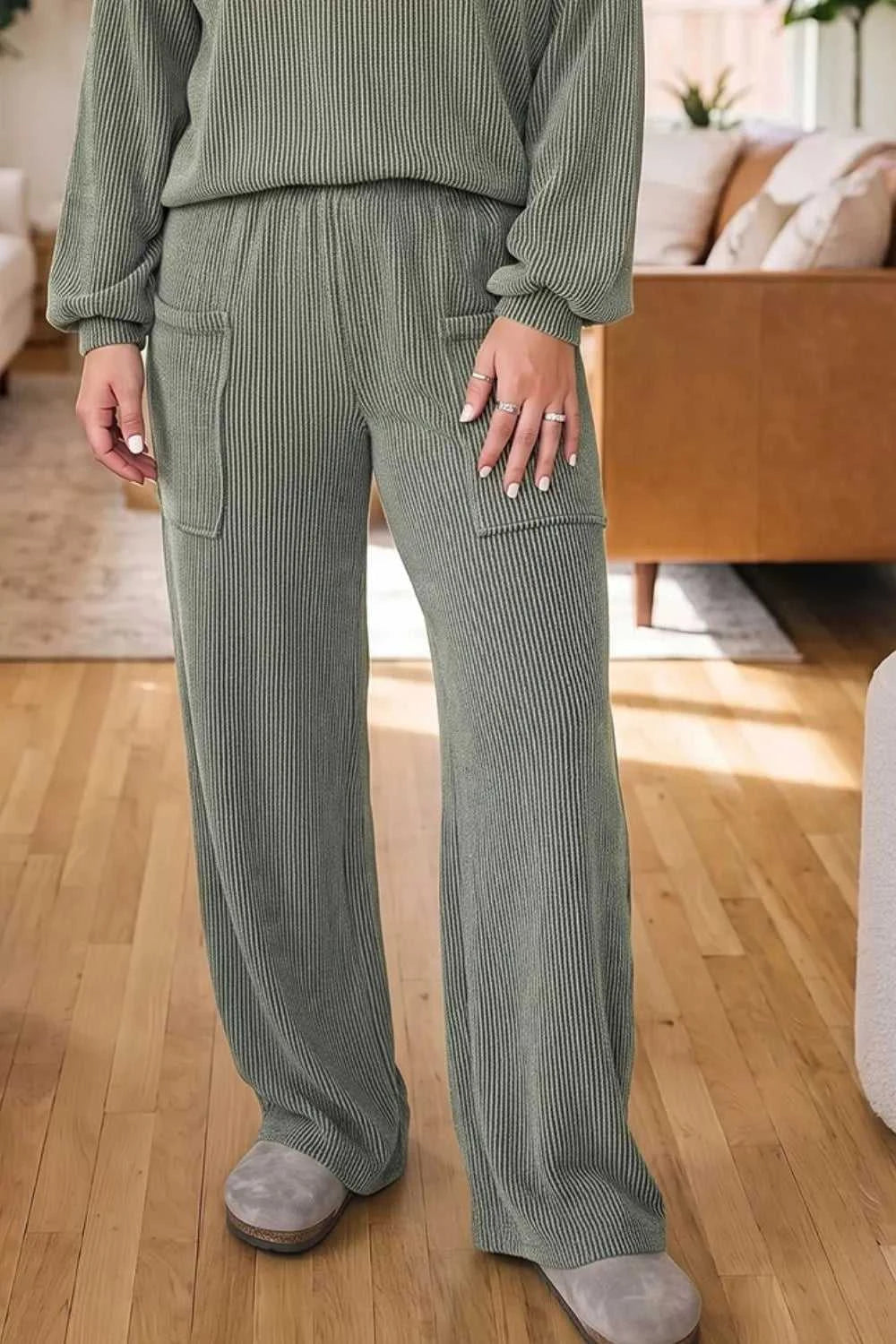 Plus Size Twisted Ribbed Exposed Seam Detail V Neck Top and Pants Set 101004453932387 74 Affordable Fashion Under $100 Jerry's Apparel 