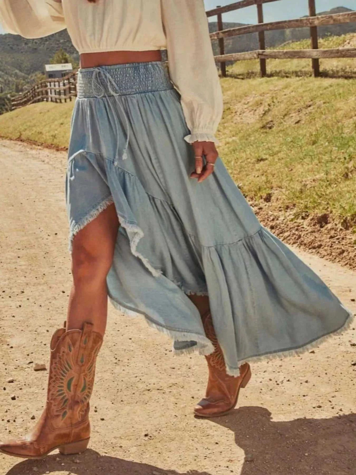 High-Low Frayed Hem Denim Skirt 101003288036813 68 Affordable Fashion Under $100 Jerry's Apparel 