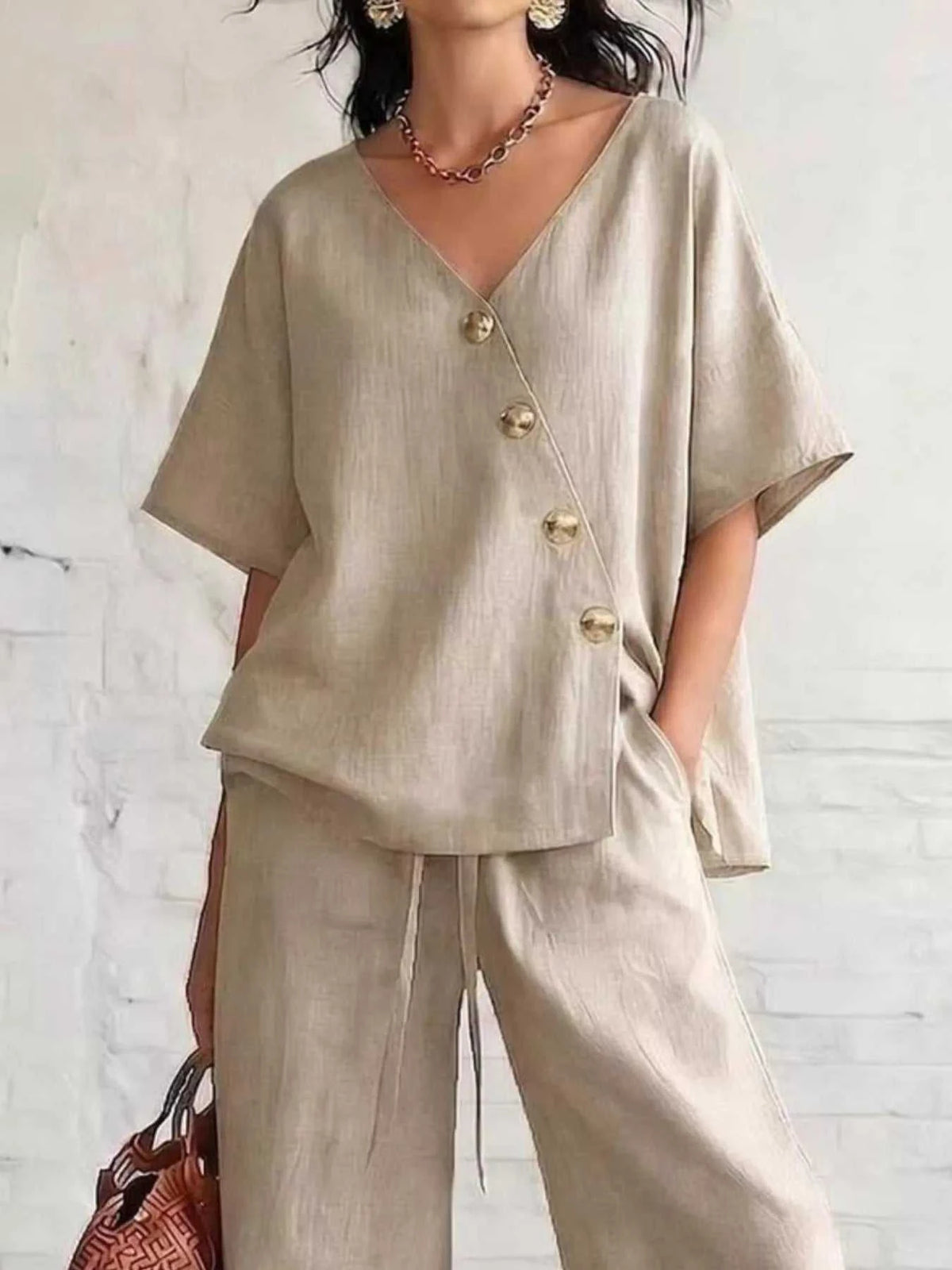 Full Size Surplice Half Sleeve Top and Wide-Leg Pants Set Plus Size 100100693330710 43 Affordable Fashion Under $100 Jerry's Apparel 