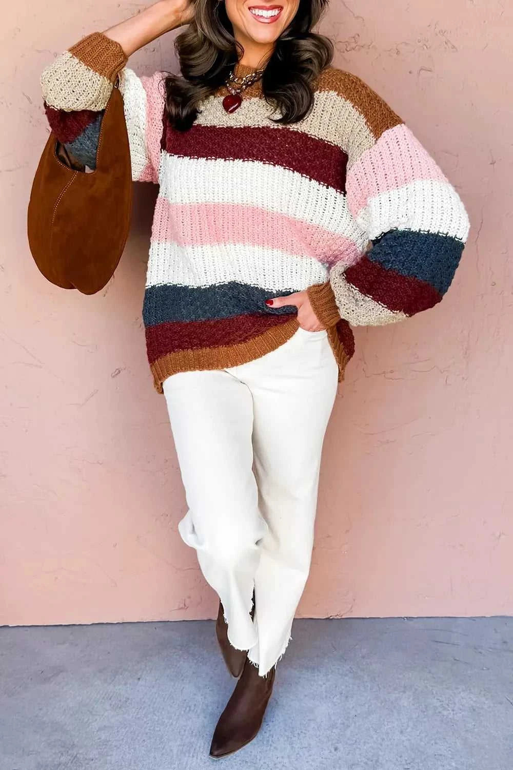 Striped Knit Dropped Shoulder Round Neck Sweater 101002437530606 50 Affordable Fashion Under $100 Jerry's Apparel 