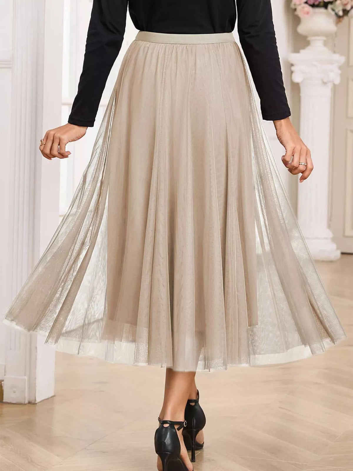 Tulle Mesh Overlay Flared Midi Skirt 100100431711620 39 Gifts for Her Jerry's Apparel 