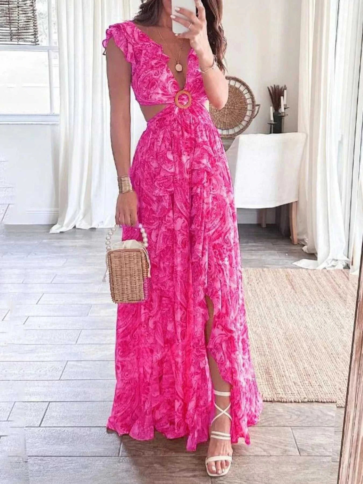 Full Size Ruffled Cutout V-Neck Maxi Dress Plus Size 100100023571871 43 Gifts for Her Jerry's Apparel 