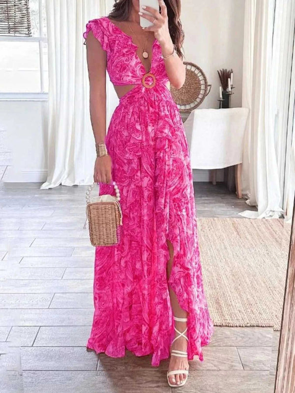 Full Size Ruffled Cutout V-Neck Maxi Dress Plus Size 100100023571871 43 Gifts for Her Jerry's Apparel 
