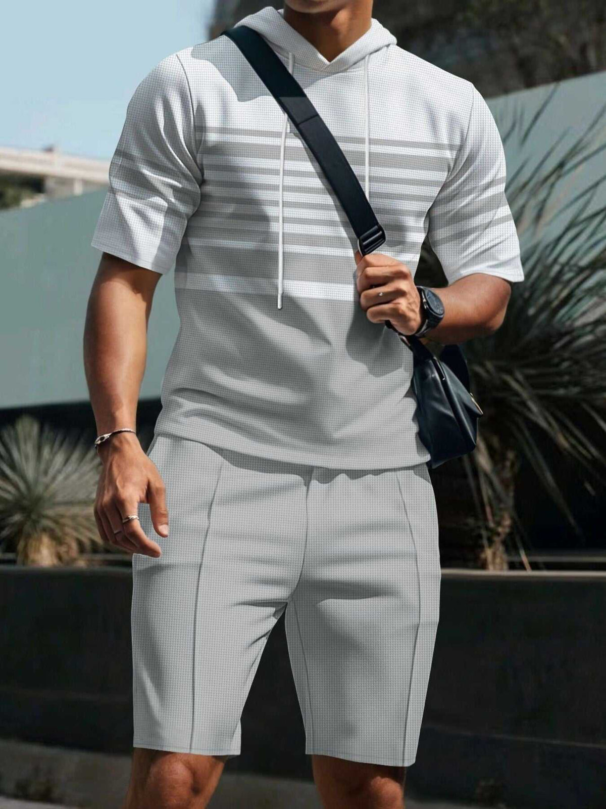 Men's Full Size Striped Short Sleeve Hoodie and Shorts Set Plus Size 100400484165910 43 Men's Sets Jerry's Apparel 