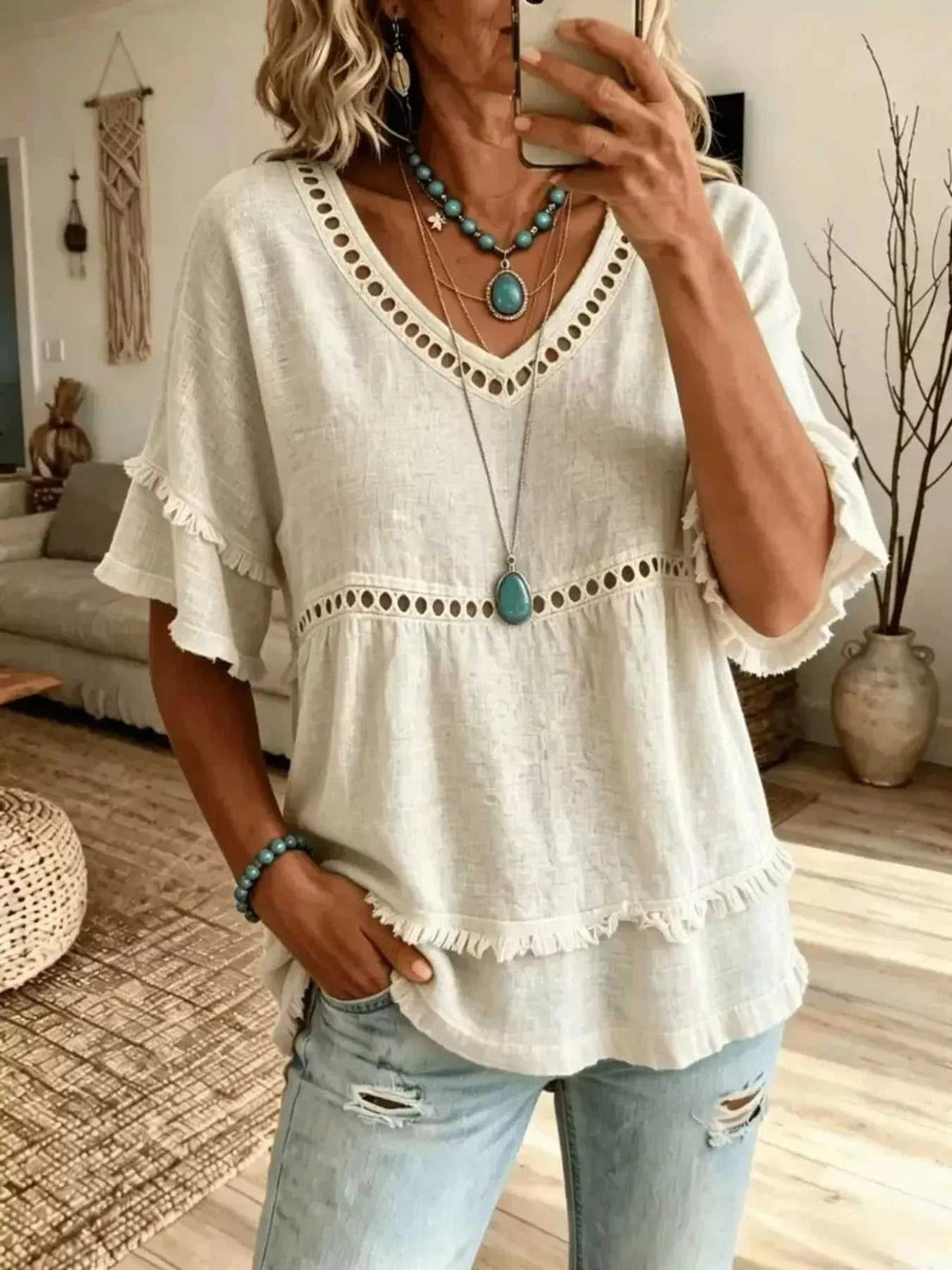 Eyelet V-Neck Frayed Edge T-Shirt 101001102955340 33 Affordable Fashion Under $100 Jerry's Apparel 