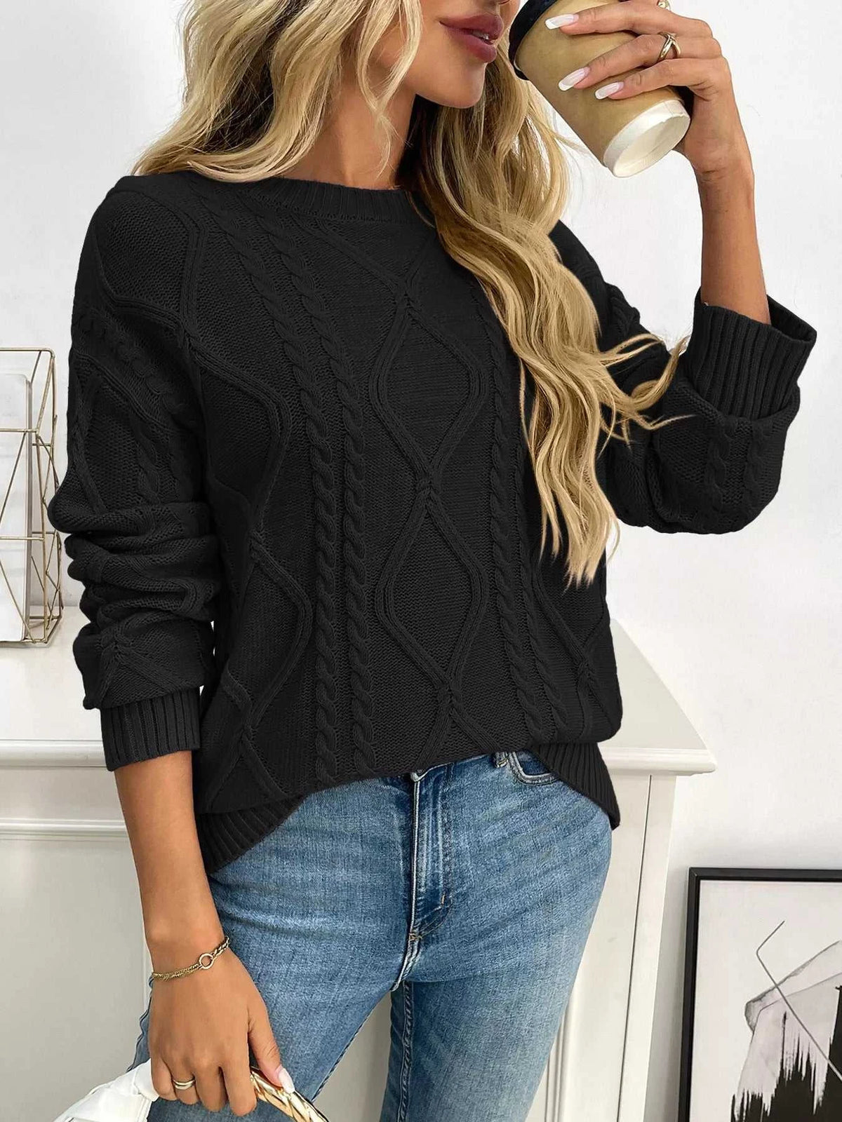 Cable Knit Round Neck Long Sleeve Sweater 100100086035617 48 Seasonal Fashion Collections Jerry's Apparel 