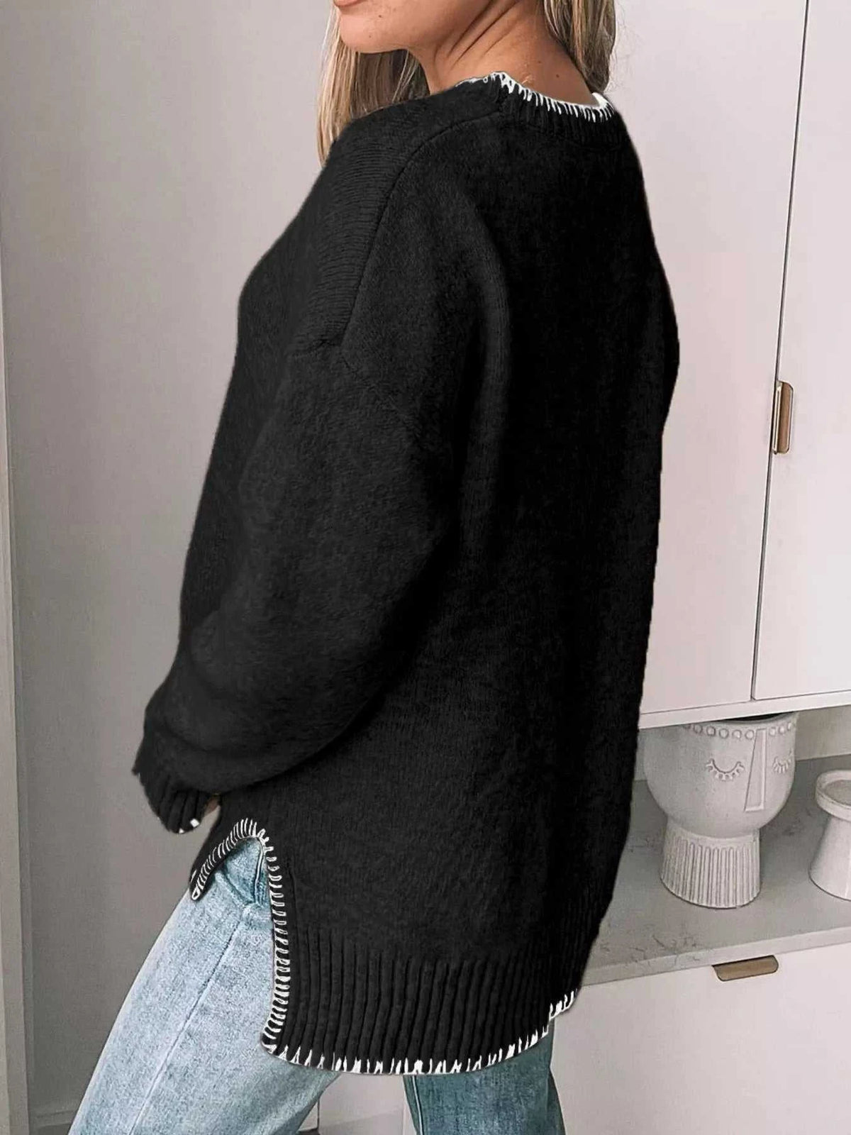 Slit Contrast Trim Round Neck Sweater 100100361481876 46 Affordable Fashion Under $100 Jerry's Apparel 