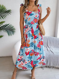 Smocked Floral Tie Shoulder Midi Dress