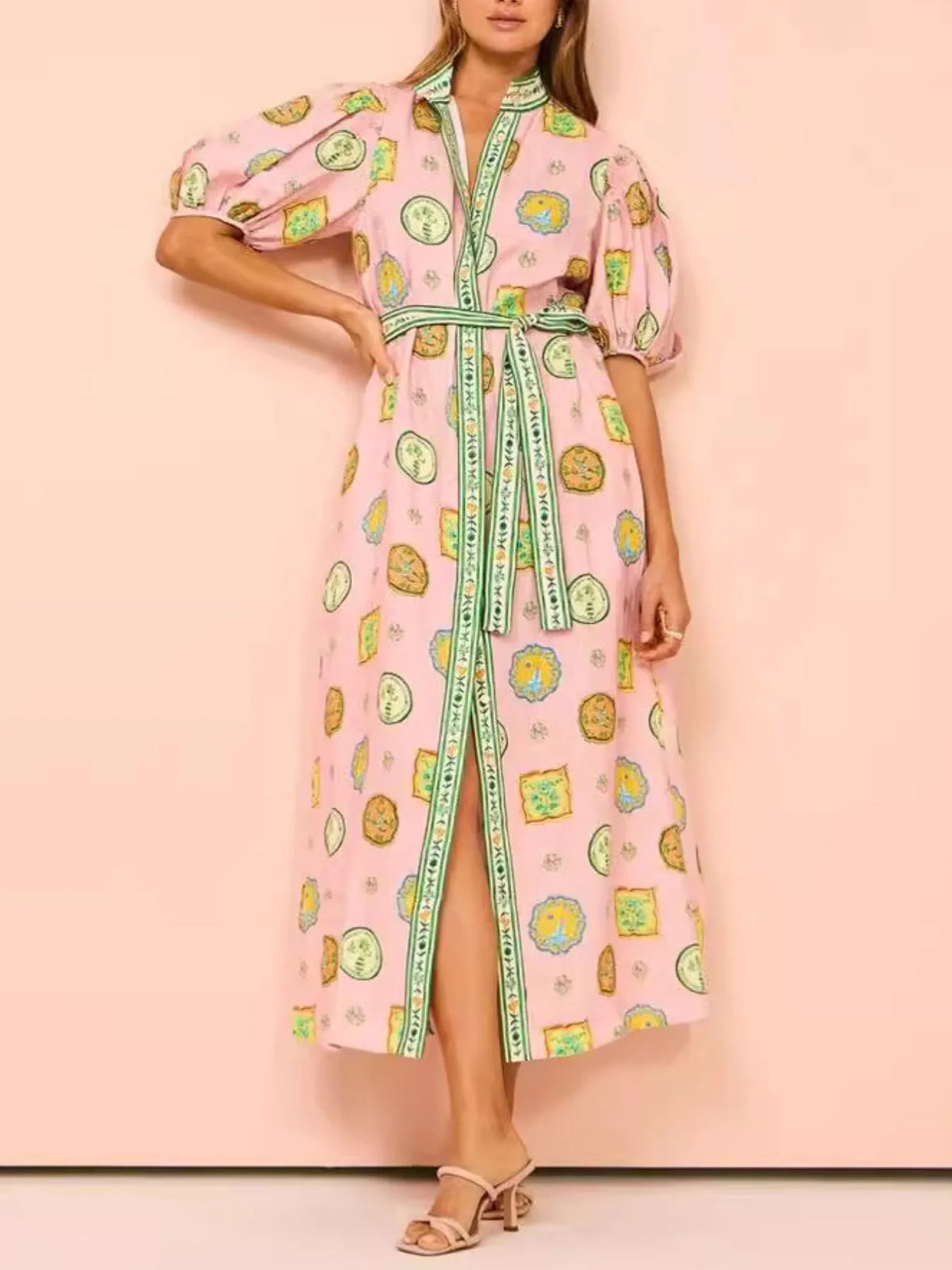 Printed Puff Sleeve Midi Shirt Dress