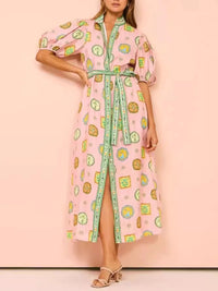 Printed Puff Sleeve Midi Shirt Dress